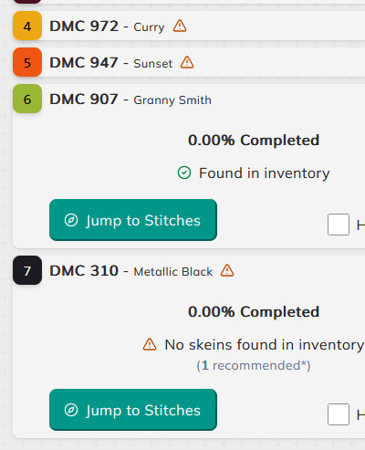 Thread information about a project includes whether the required threads are in the Stitcher's inventory.