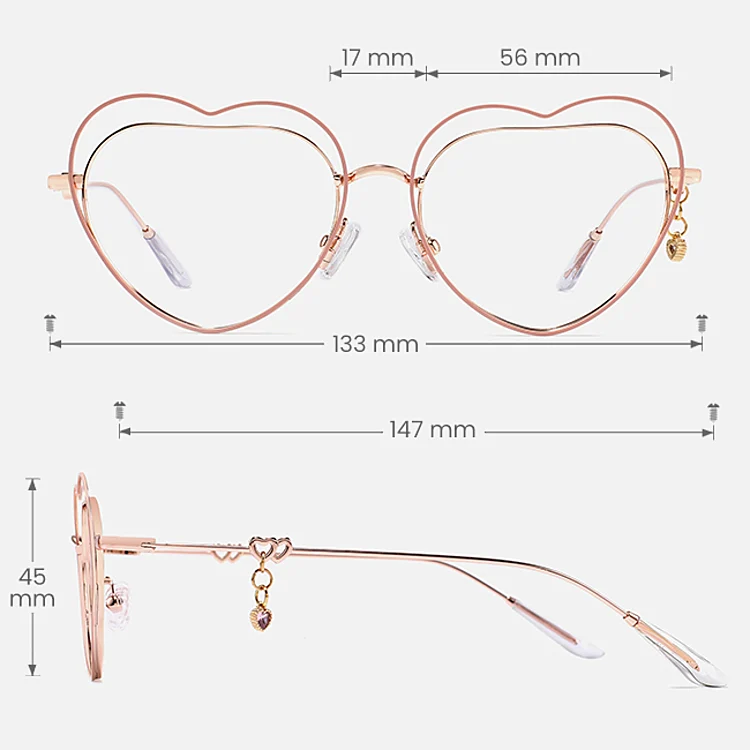 Heart pink rose gold   Metal  Eyeglasses, size view