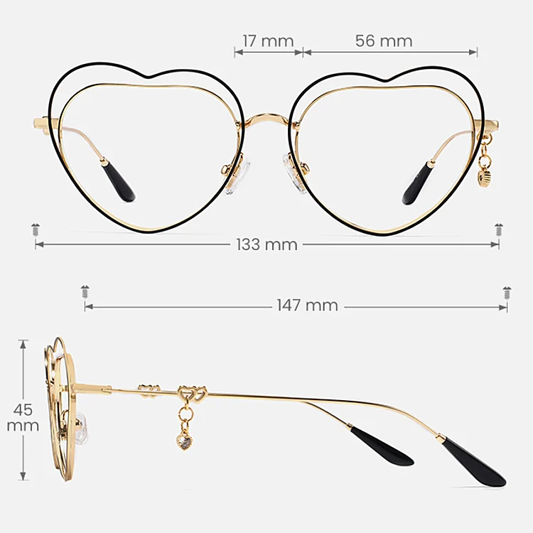 Heart black gold   Metal  Eyeglasses, size view