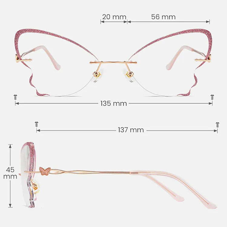 Butterfly pink   Metal  Eyeglasses, size view
