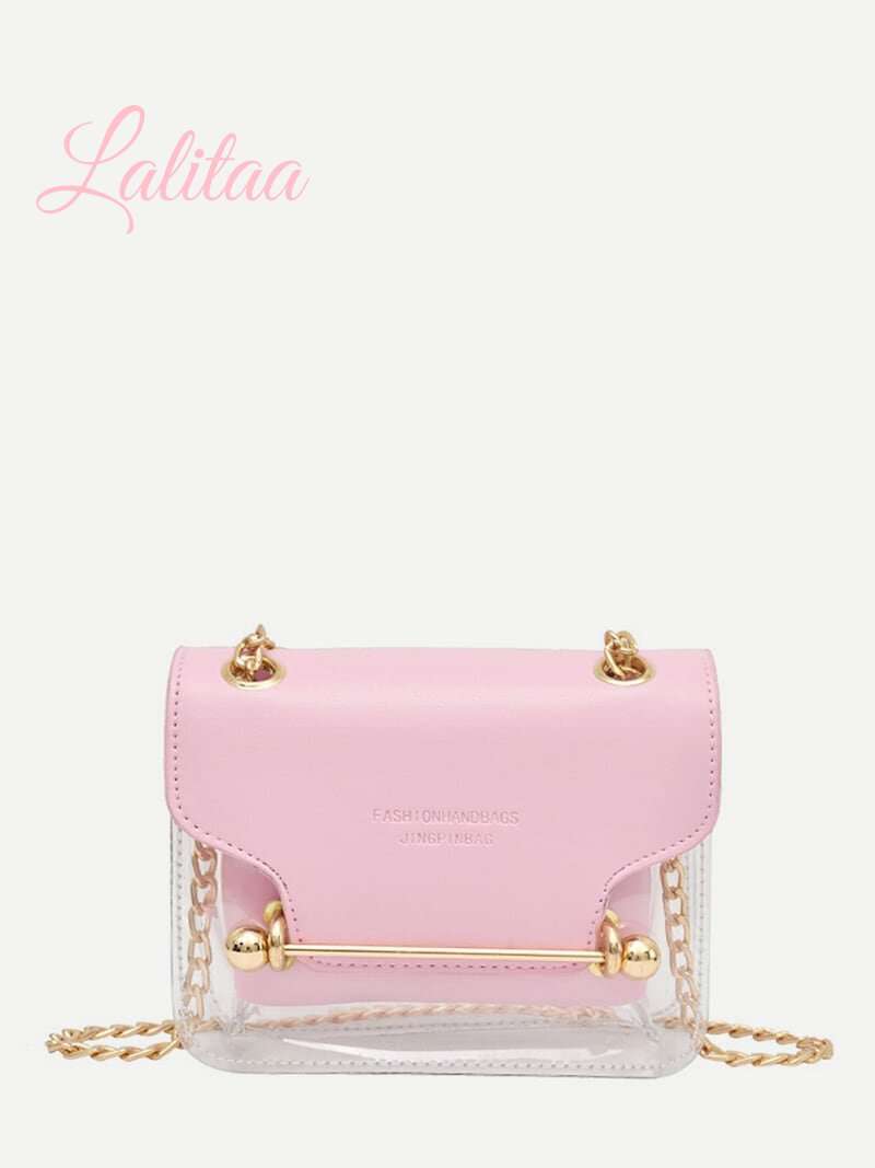 Bolsa Transparente Chic com Aba Rosa Pastel