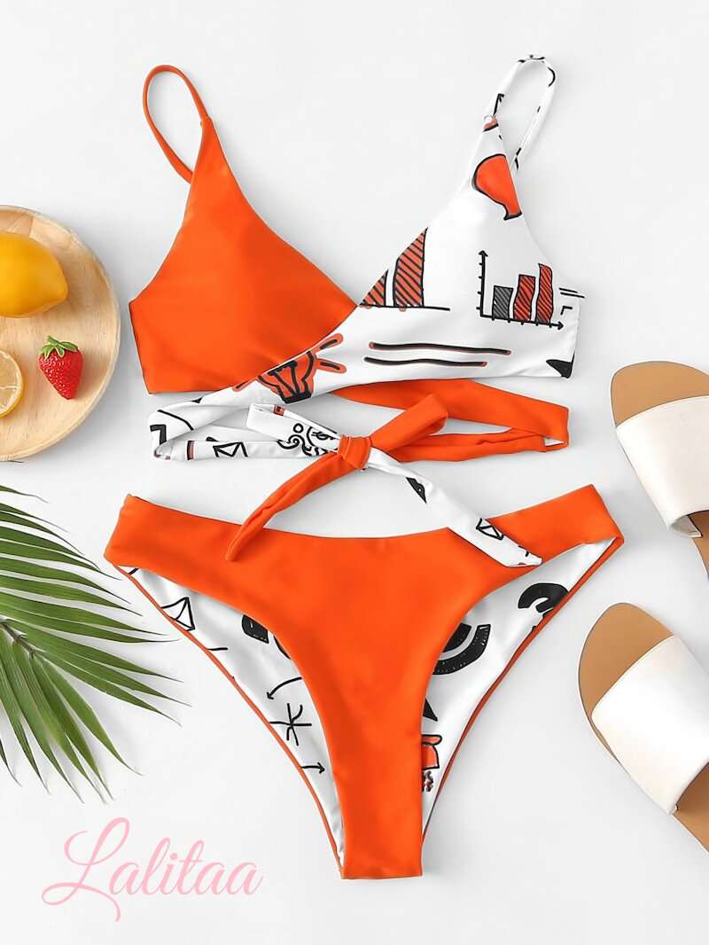 Biquíni Dupla Face Laranja & Art