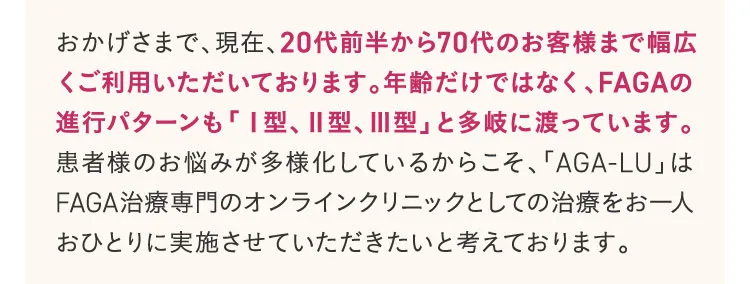 おかげさまで、現在、20代前半から70代のお客様まで幅広くご利用いただいております。年齢だけではなく、FAGAの進行パターンも「I型、II型、III型」と多岐にわたっています。患者様のお悩みが多様化しているからこそ、「AGA-LU」はFAGA治療専門のオンラインクリニックとしての治療をお一人おひとりに実施させていただきたいと考えております。