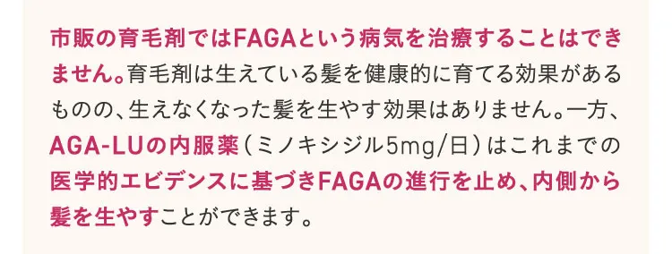 市販の育毛剤ではFAGAという病気を治療することはできません。育毛剤は生えている髪を健康的に育てる効果があるものの、生えなくなった髪を生やす効果はありません。一方、AGA-LUの内服薬（ミノキ5mg/日）はこれまでの医学的エビデンスに基づきFAGAの進行を止め、内側から髪を生やすことができます。