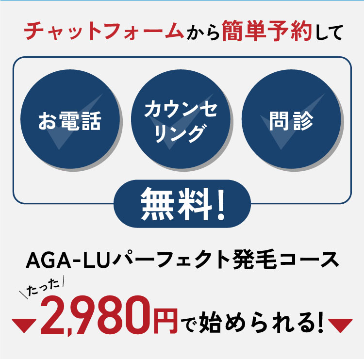 チャットフォームから簡単予約して、お電話・カウンセリング・問診無料AGA-LUパーフェクト発毛コースたった2980円で始められる！