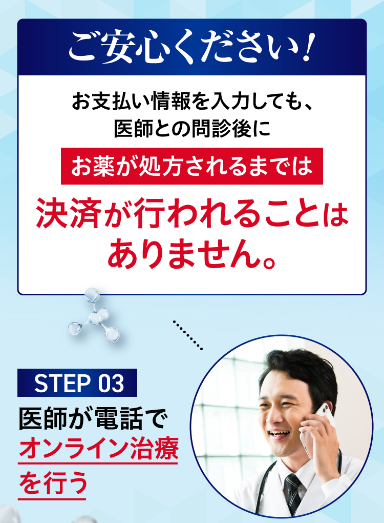 ご安心下さい！お薬が処方されるまでは決済が行われることはありません。
