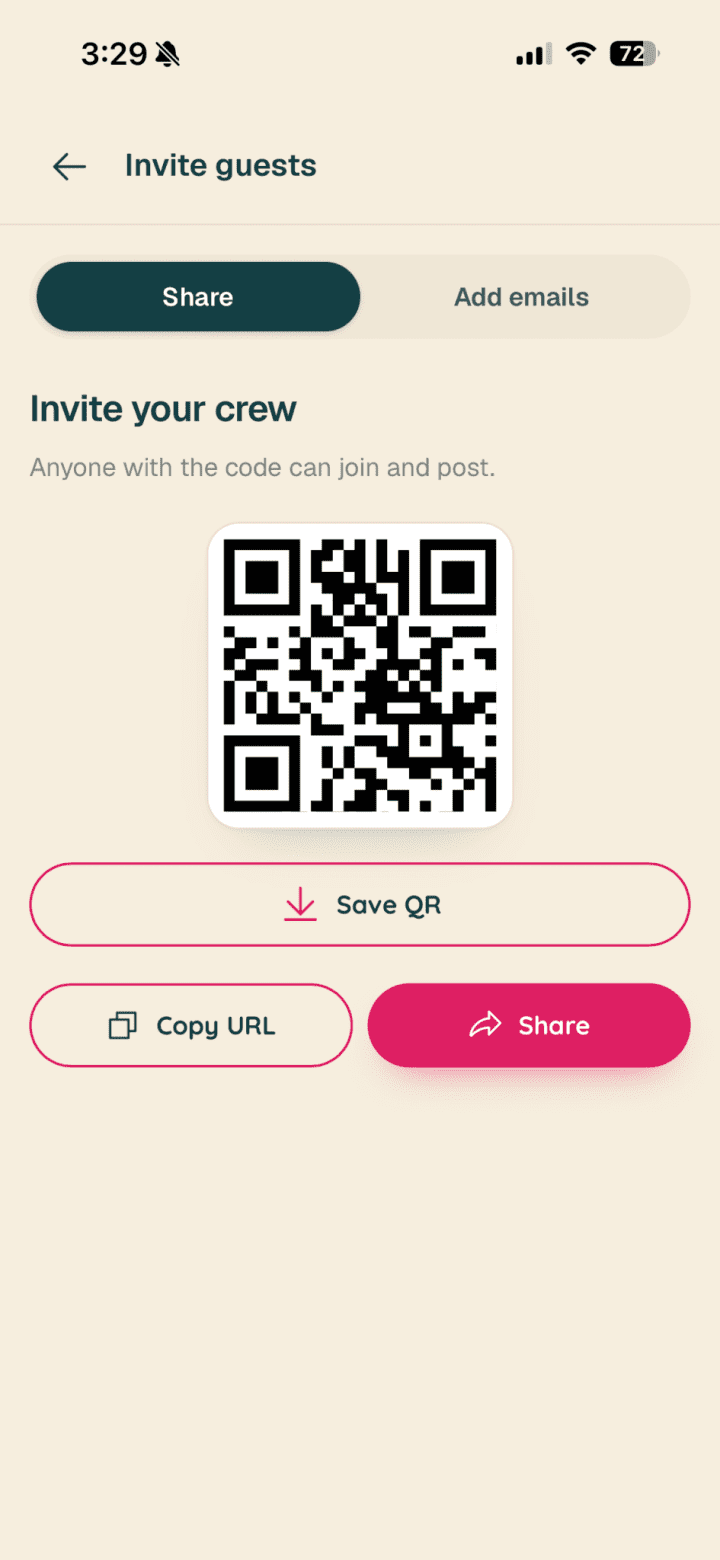 Clip guest invitation and QR code screen