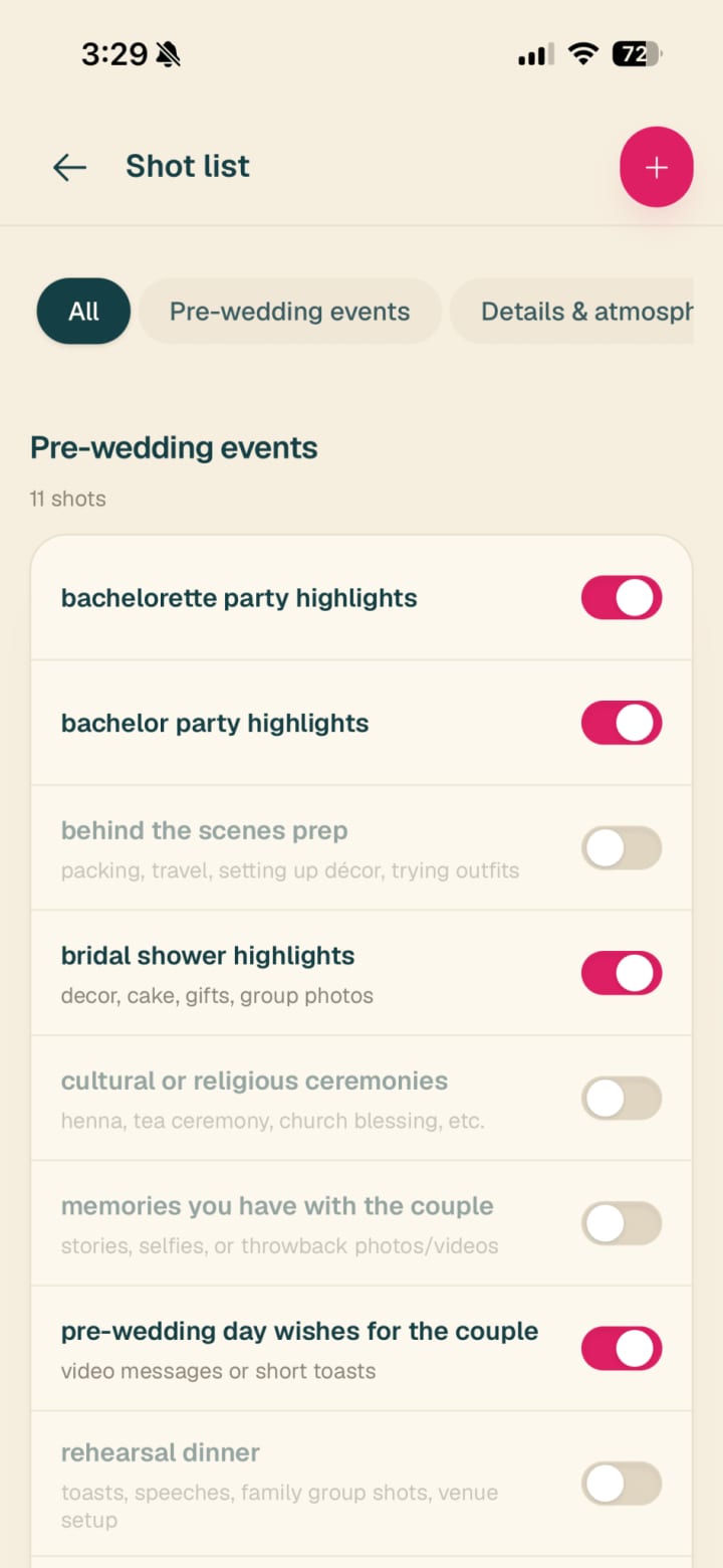 Clip wedding shot list screen