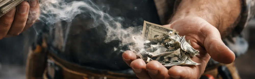 A contractor's hand holding a fat stack of cash literally turning into smoke.