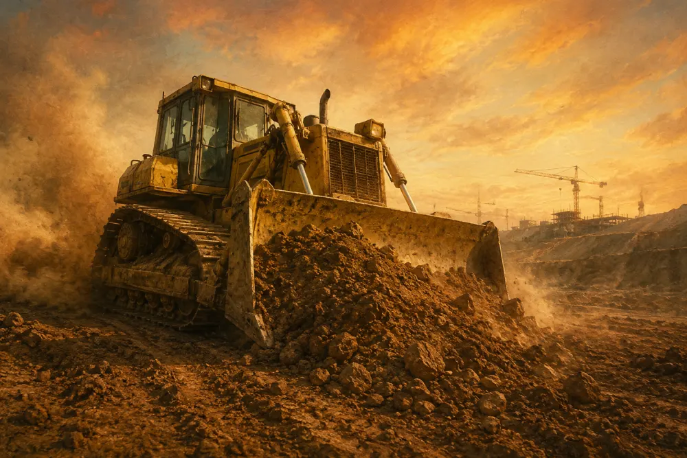 A vintage editorial illustration of a yellow bulldozer pushing earth at a massive construction site.