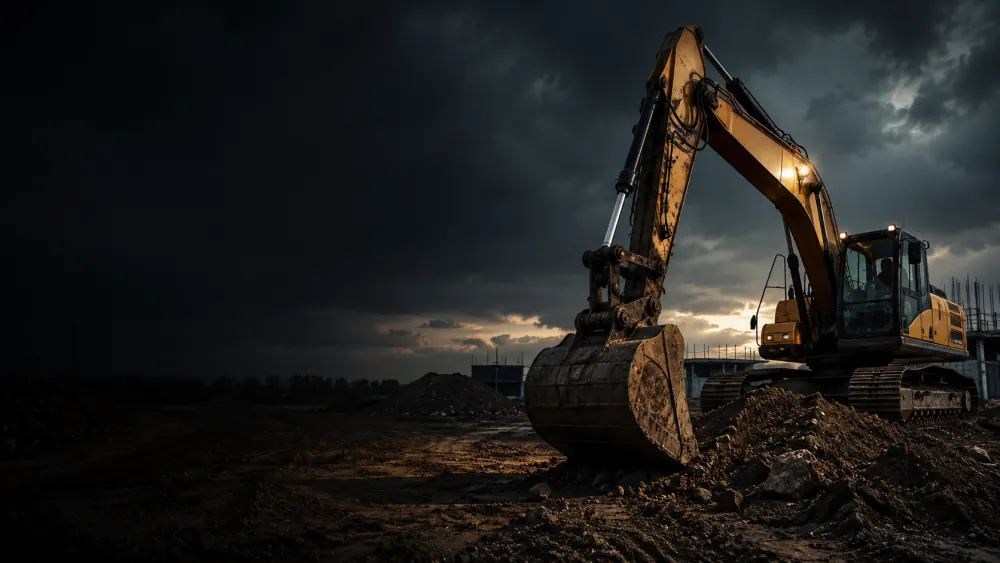 Excavator rental on a construction site at dusk
