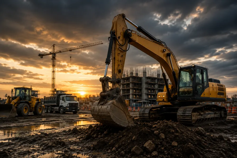 Construction rental equipment on an active jobsite at sunset