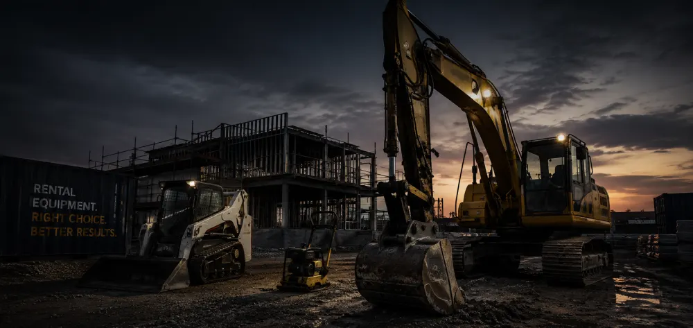 Heavy equipment rental machines on a construction site at dusk