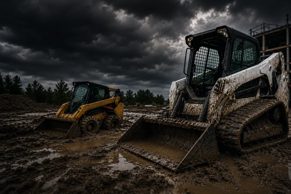     Compact track loader on muddy construction site