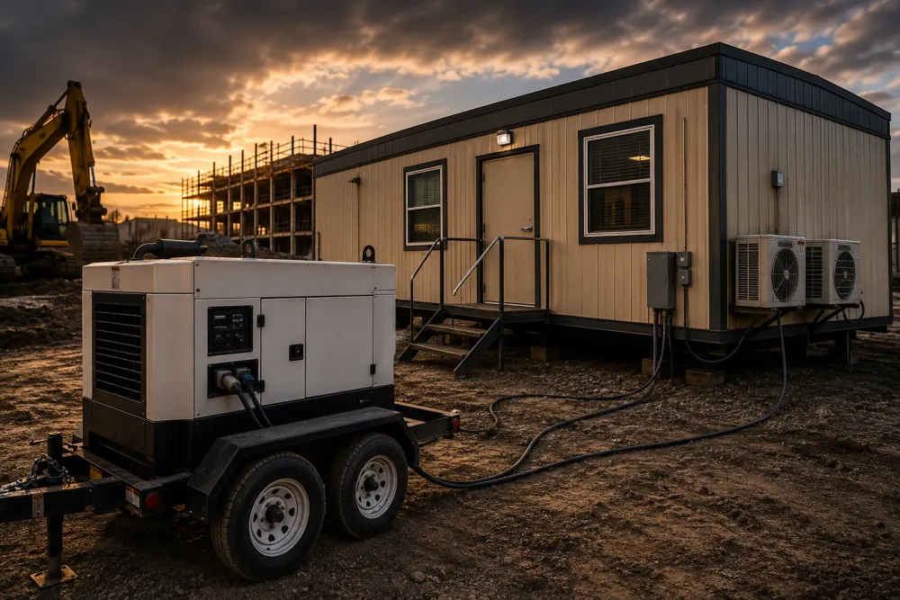 Towable generator powering a construction site office trailer