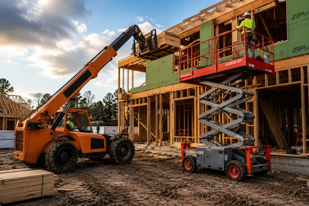 Telehandler and scissor lift at second-story construction site