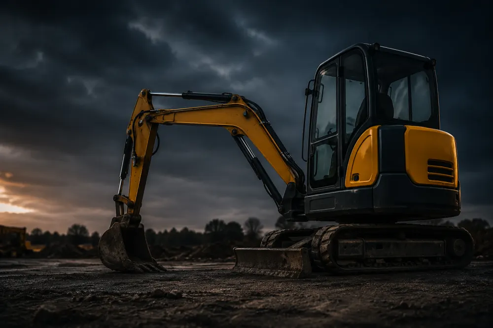 Mini excavator on a construction site showing weekly rental cost guide