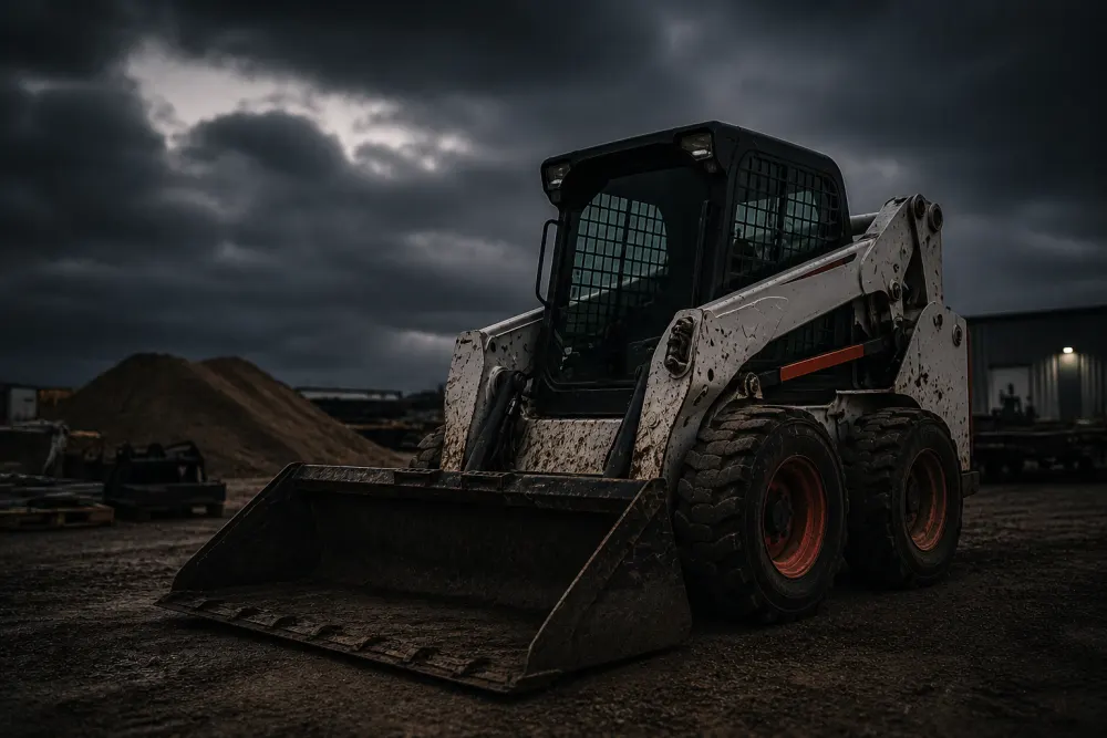 Skid steer loader on a construction site for rent vs buy cost comparison