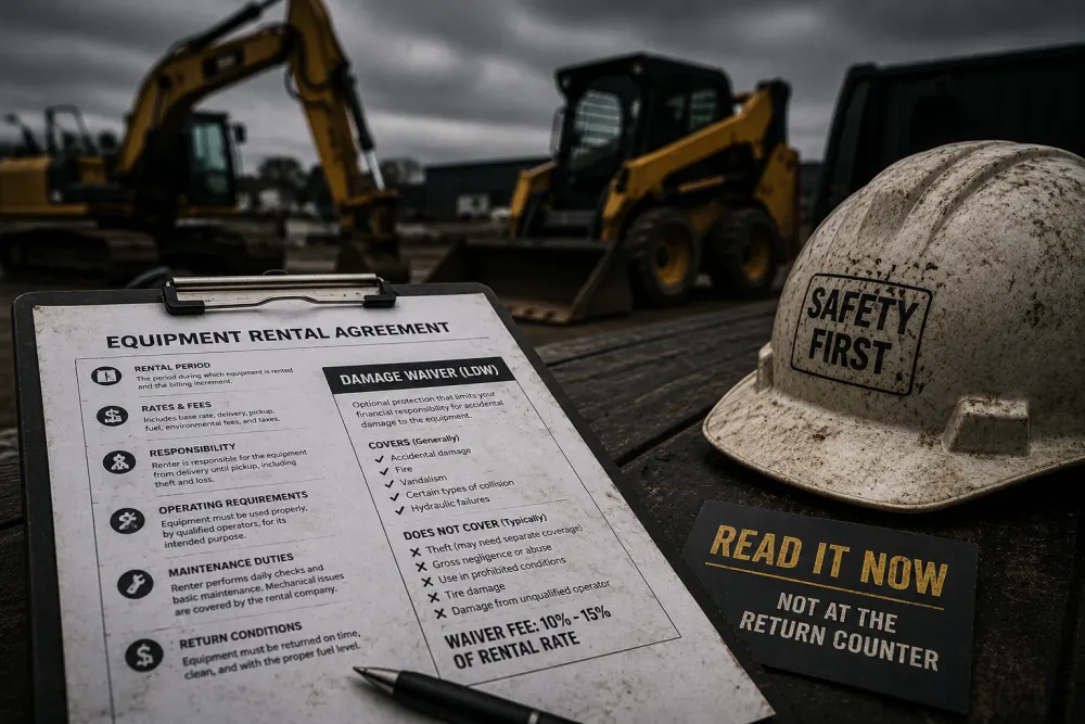 Equipment rental agreement with damage waiver beside heavy construction equipment