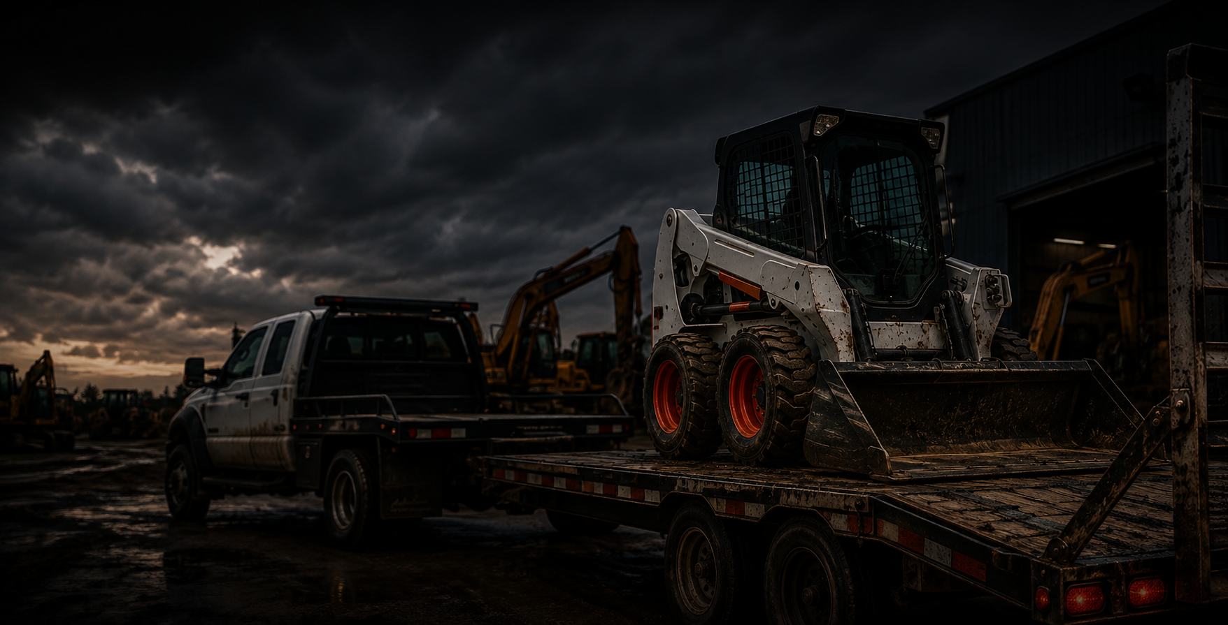     Skid steer on trailer at an equipment rental yard