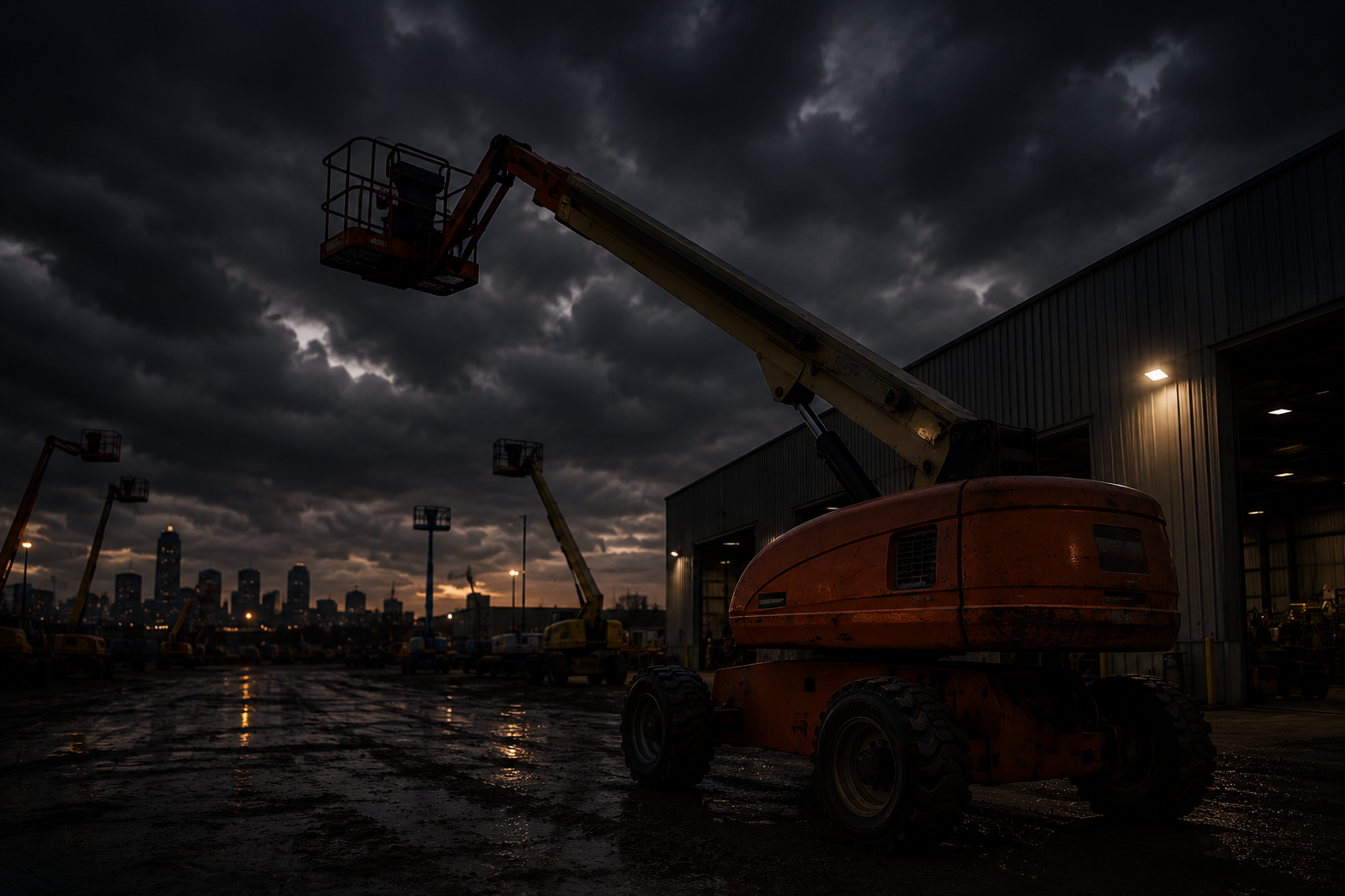 Boom lift at a Fort Worth equipment rental yard ready for construction work.