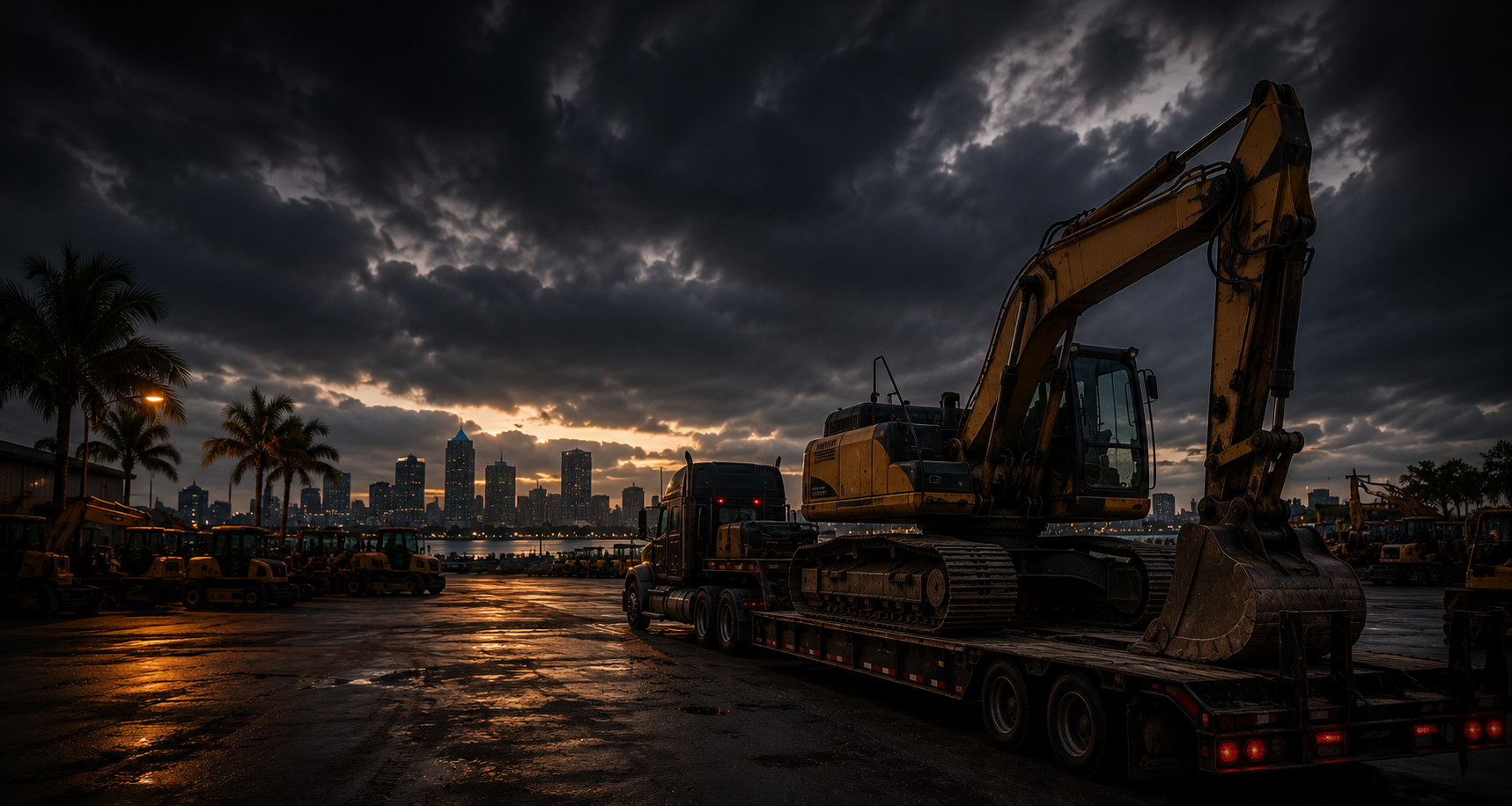 Heavy equipment on a lowboy trailer at a Tampa equipment rental yard before delivery.