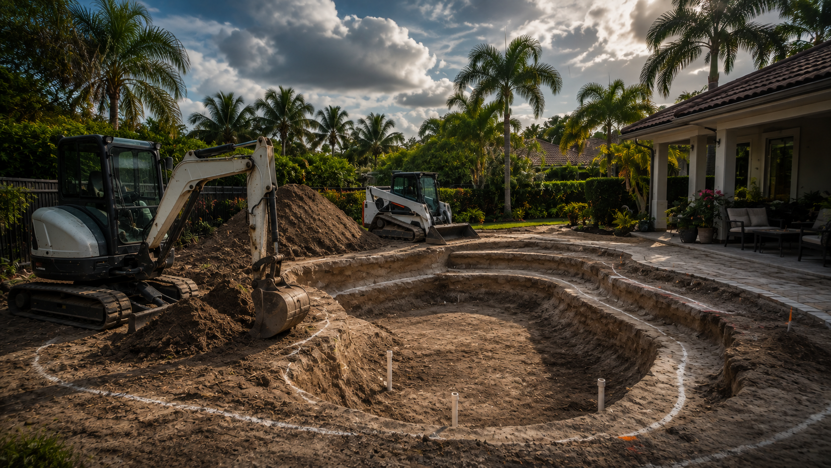 Mini excavator and track loader preparing a backyard for a swimming pool dig.