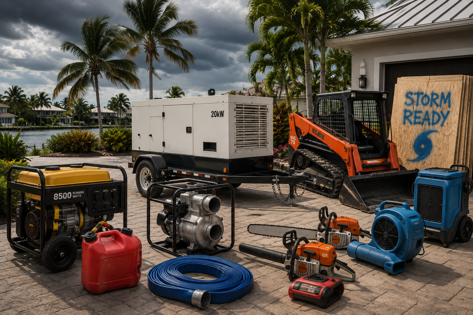 Hurricane prep equipment in Florida with generators, water pump, skid steer and storm cleanup tools.