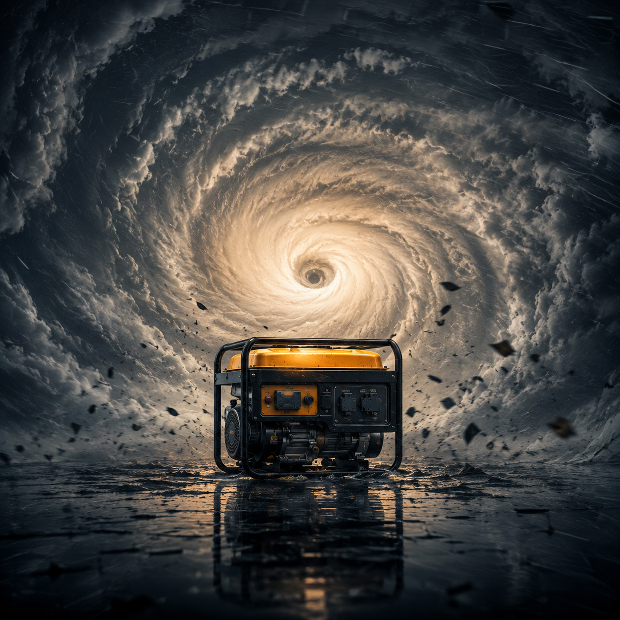 Generator standing before a hurricane, representing storm cleanup equipment rentals.