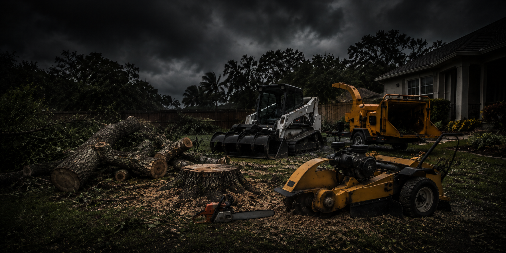 Stump grinder, chainsaw, wood chipper and compact loader for backyard tree and stump removal.