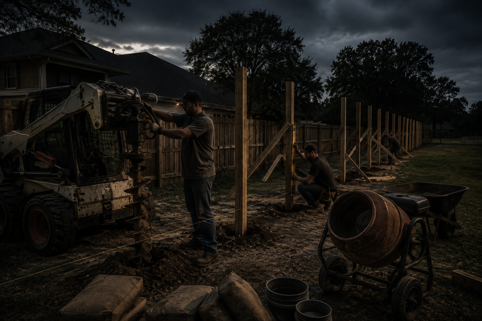 Workers installing a backyard fence using a skid steer auger and concrete mixer.