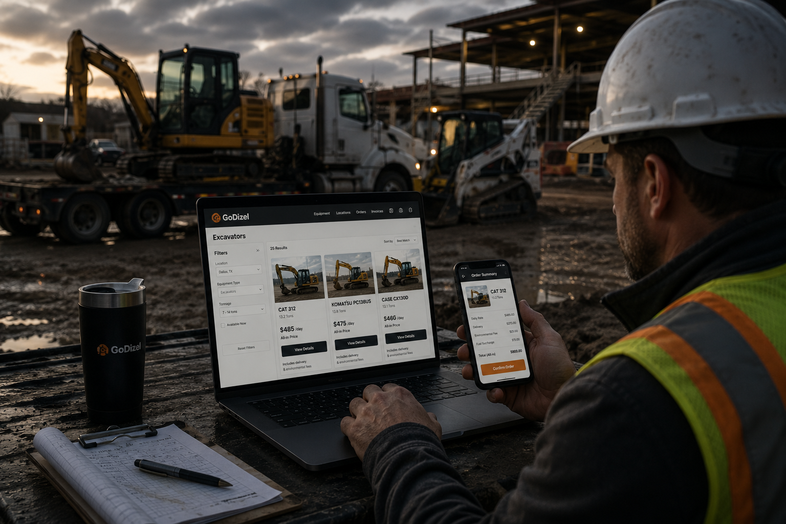 Contractor renting heavy equipment online while comparing excavator pricing and availability.