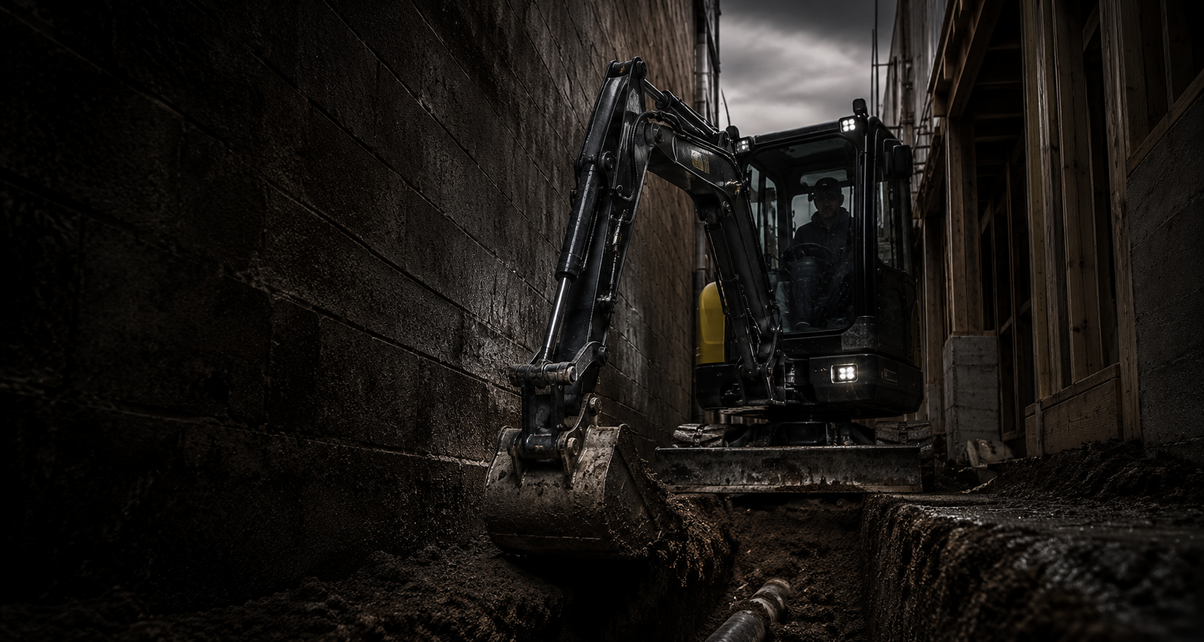 Compact excavator maneuvering through a narrow construction site.