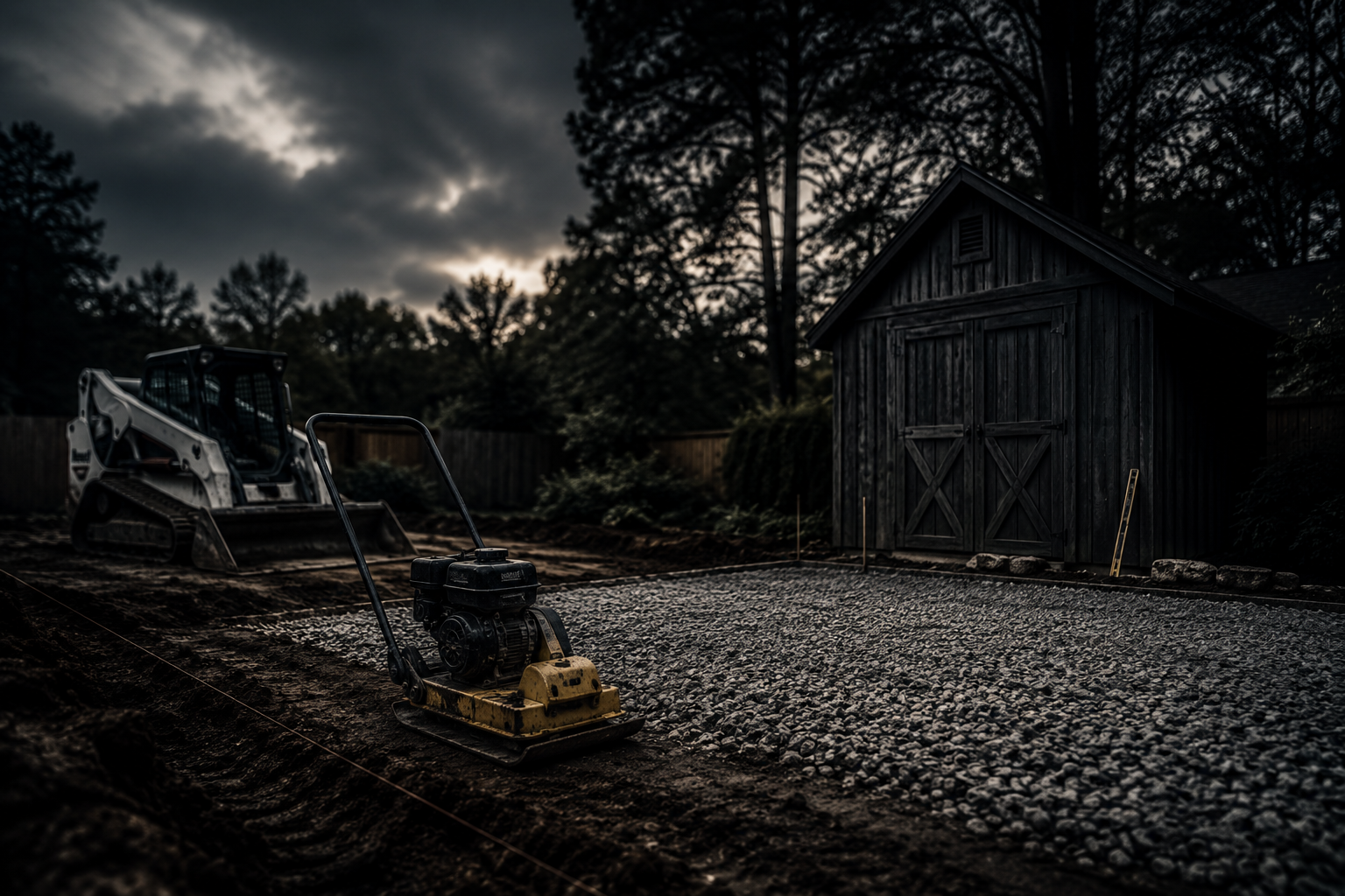 Plate compactor and compact track loader preparing a level gravel base for a backyard shed