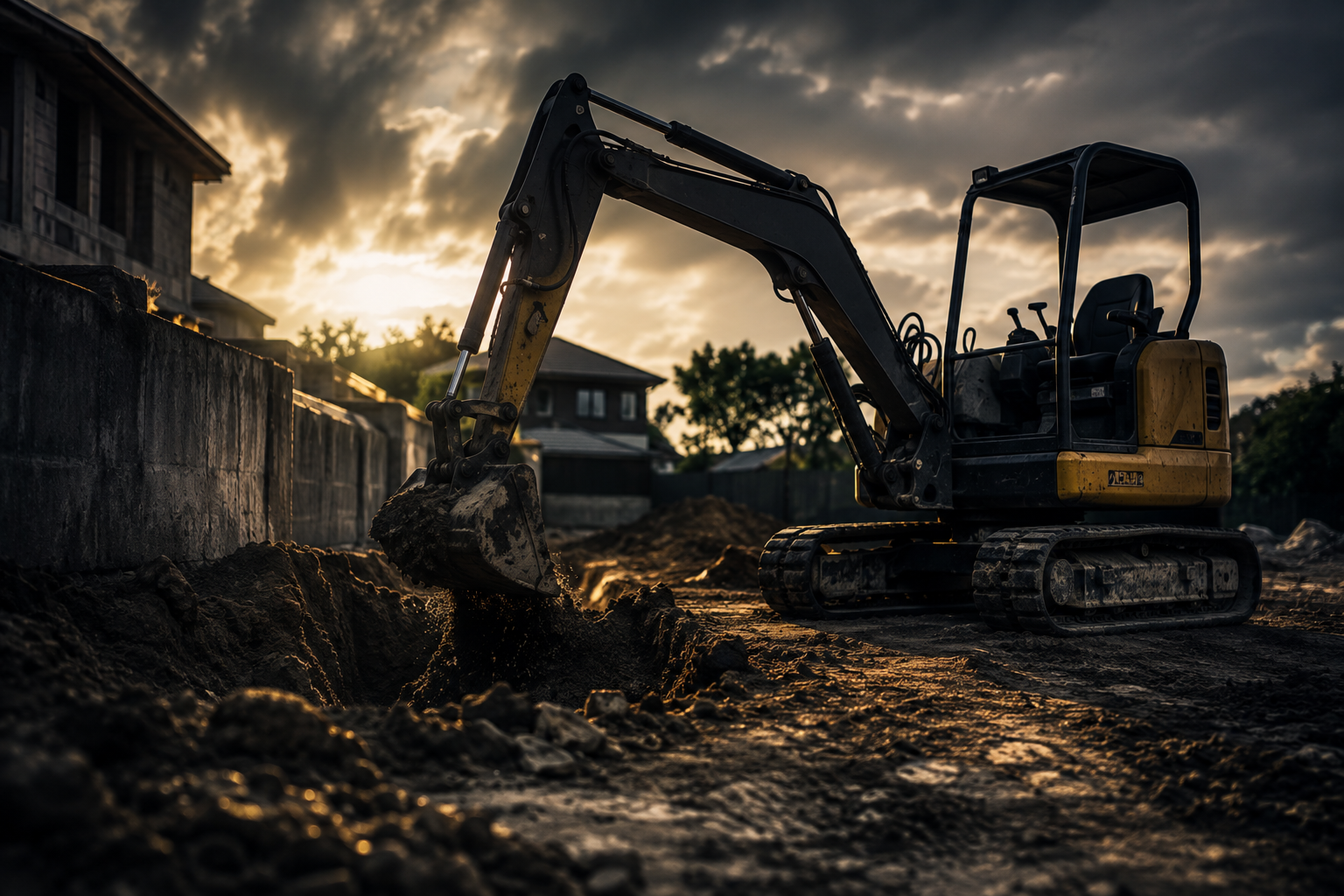 Mini excavator working on a tight residential construction site.