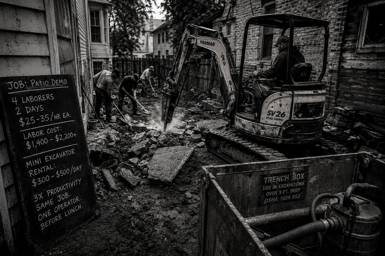 Mini excavator replacing manual labor on a residential demolition site