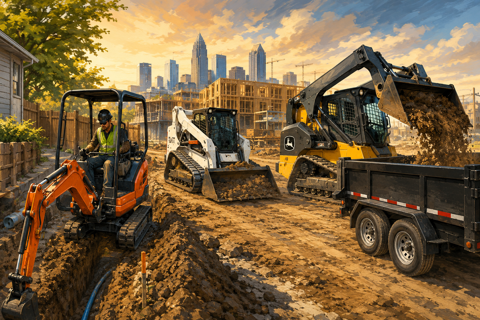 Compact equipment on an urban construction site.