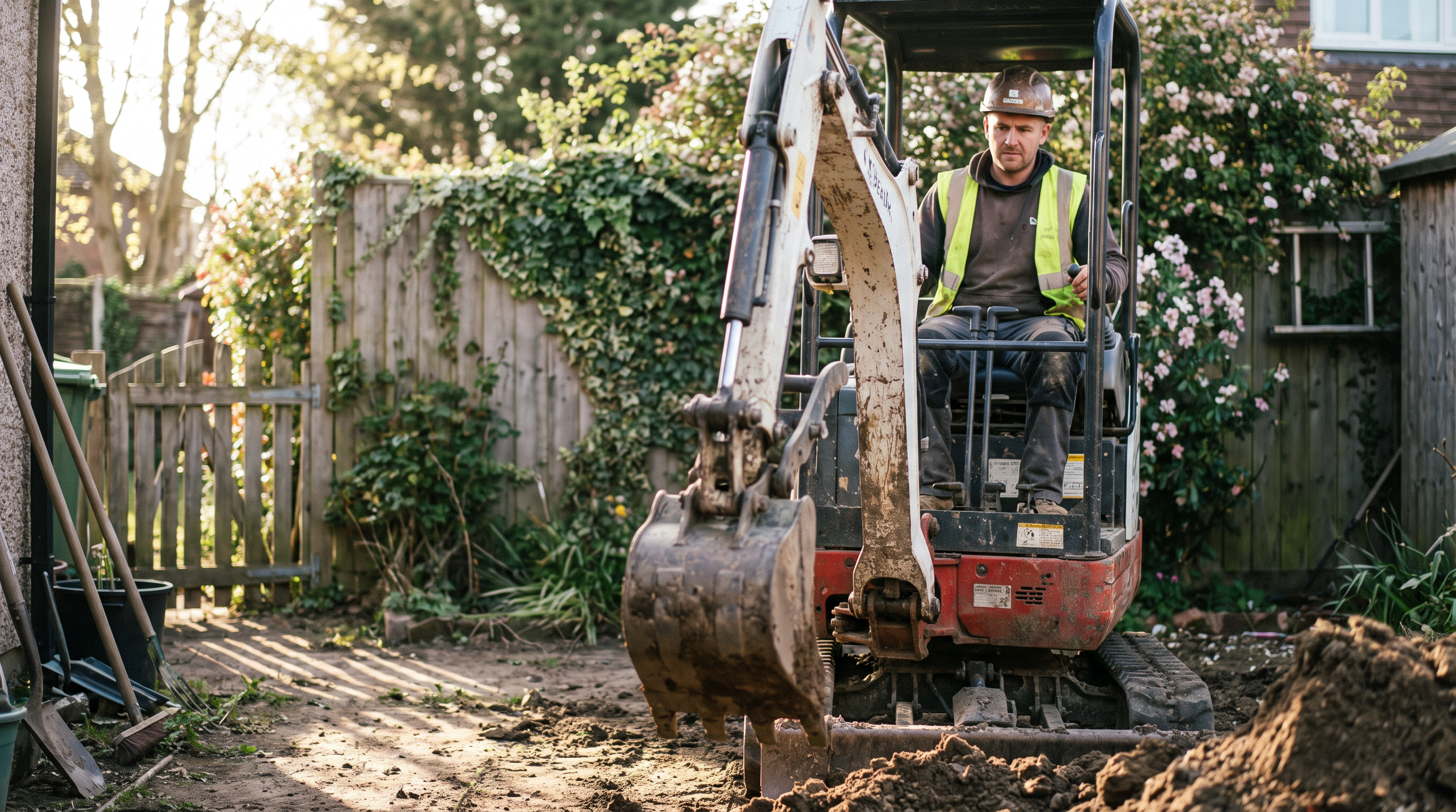 Mini excavator working in a tight residential backyard jobsite