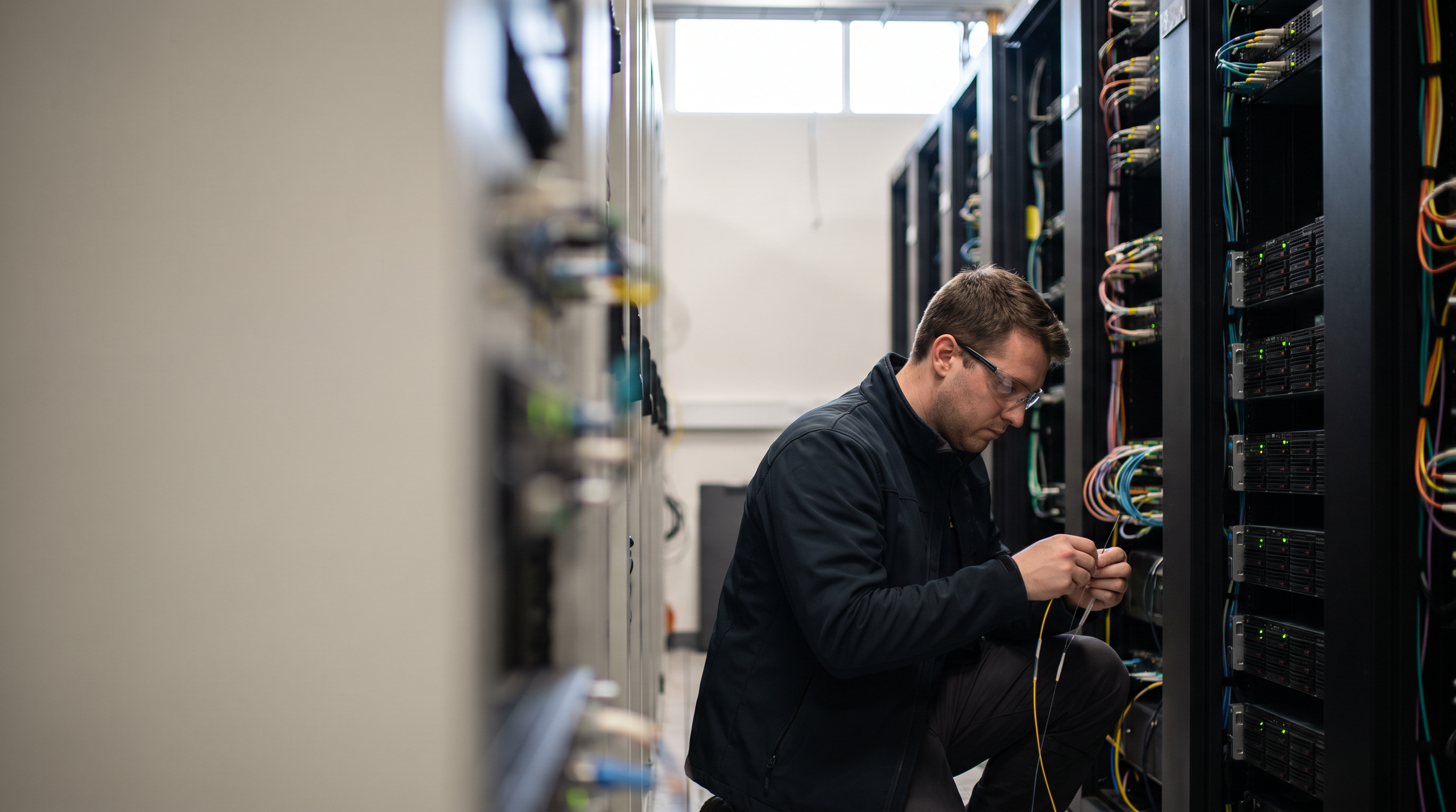 IT contractor working on wiring a data center