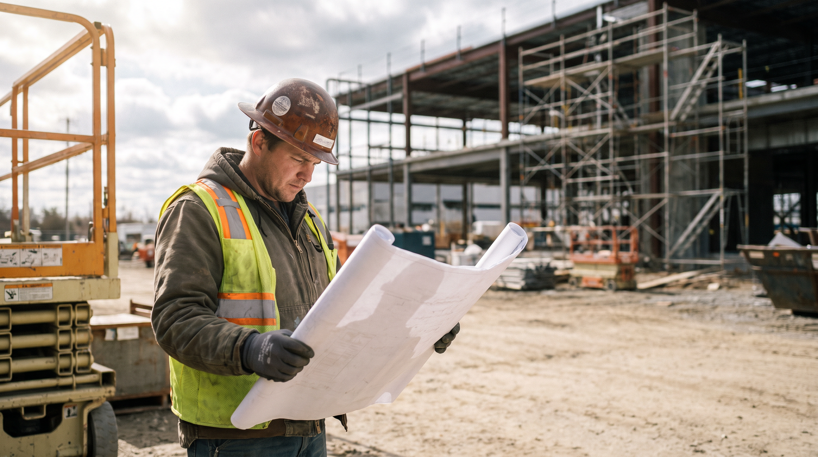 Contractor reviewing plans with scissor lift in background