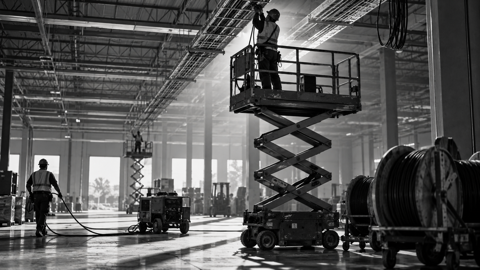 Electric scissor lifts installing network cabling in a warehouse