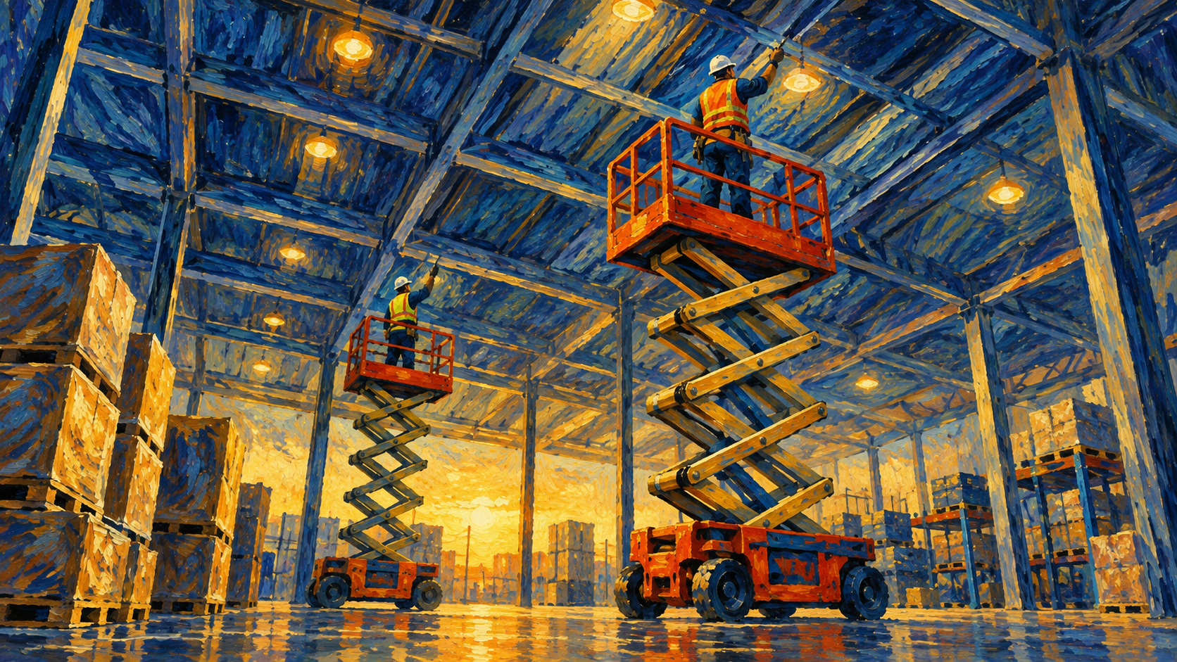 Workers using scissor lifts to reach high warehouse ceilings