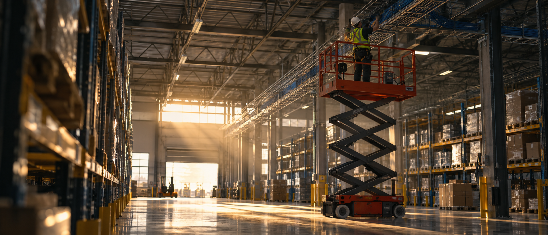 Electric scissor lift installing data cabling in a warehouse.