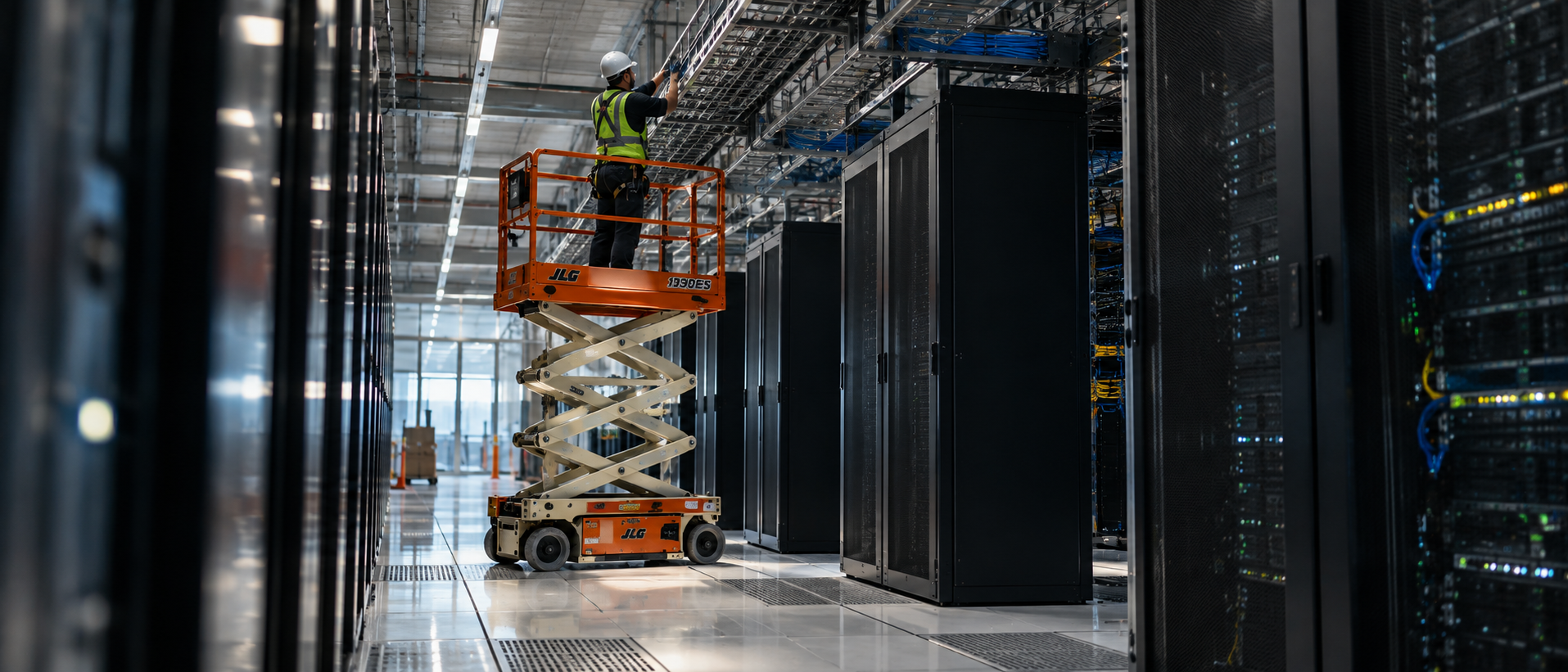 JLG 1930ES scissor lift working inside a data center aisle.