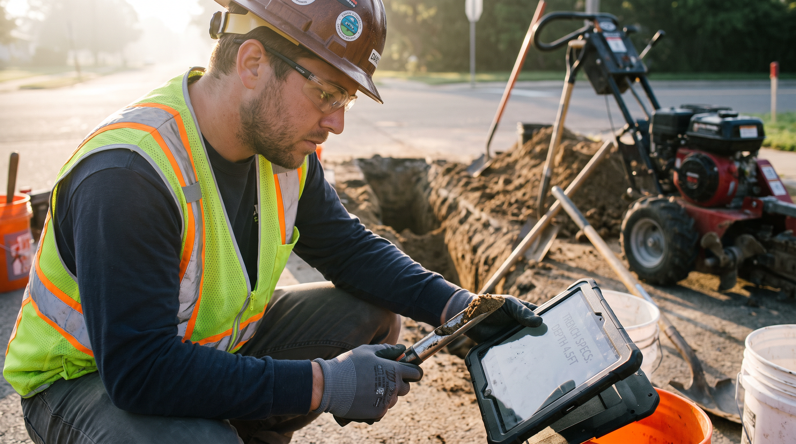 Electrician with a trencher on a jobsite