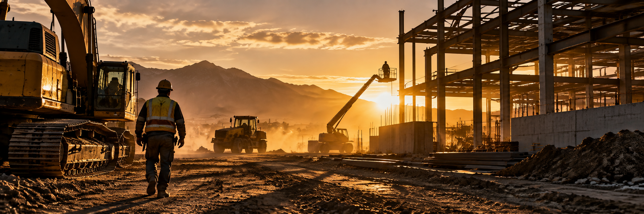 Heavy equipment operating on a multi site construction project at sunset