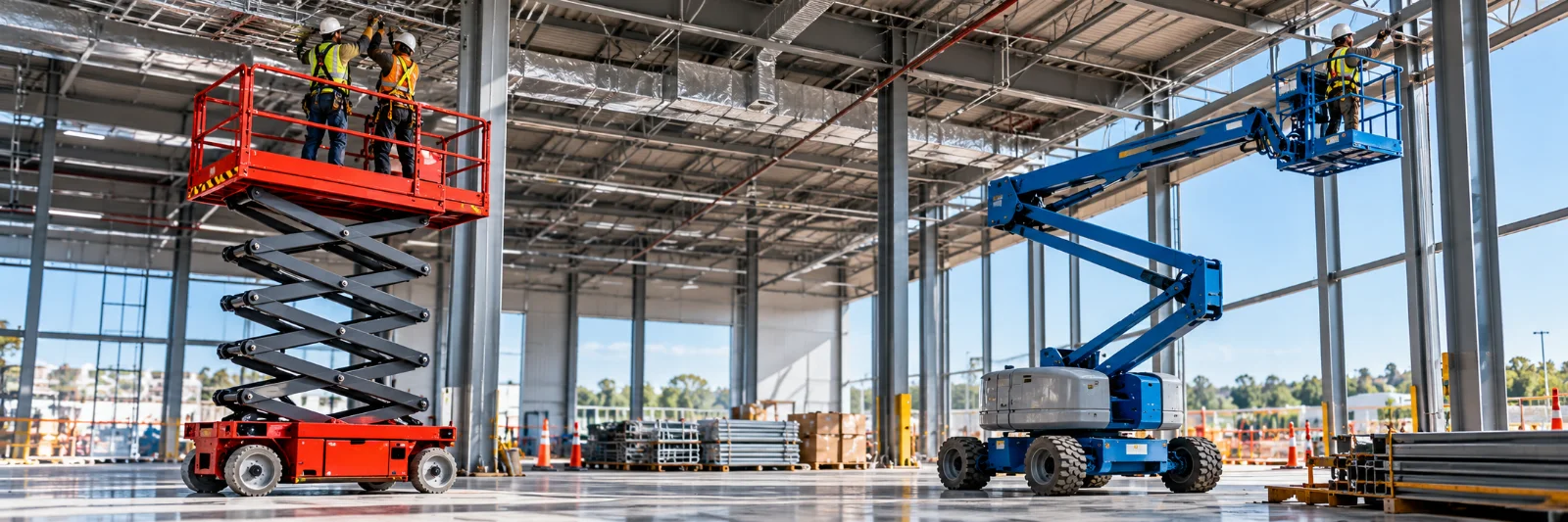 Scissor lift vs. articulating boom lift inside an industrial construction site