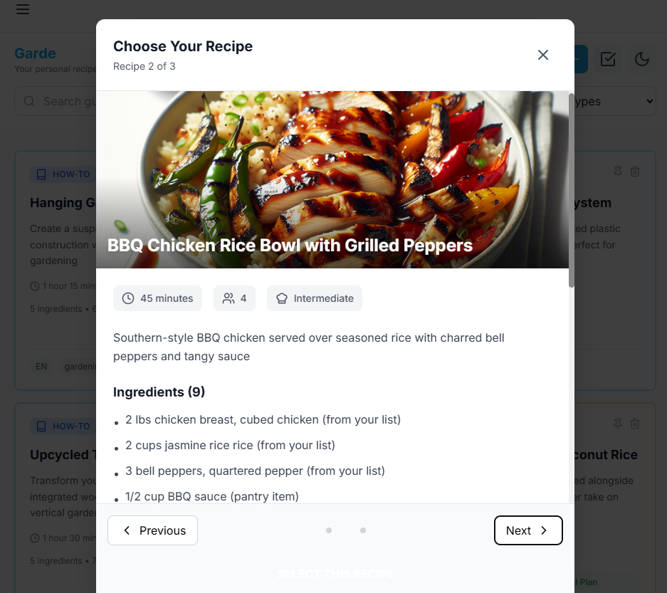 2/3 of recommended recipe on Garde recipe app
