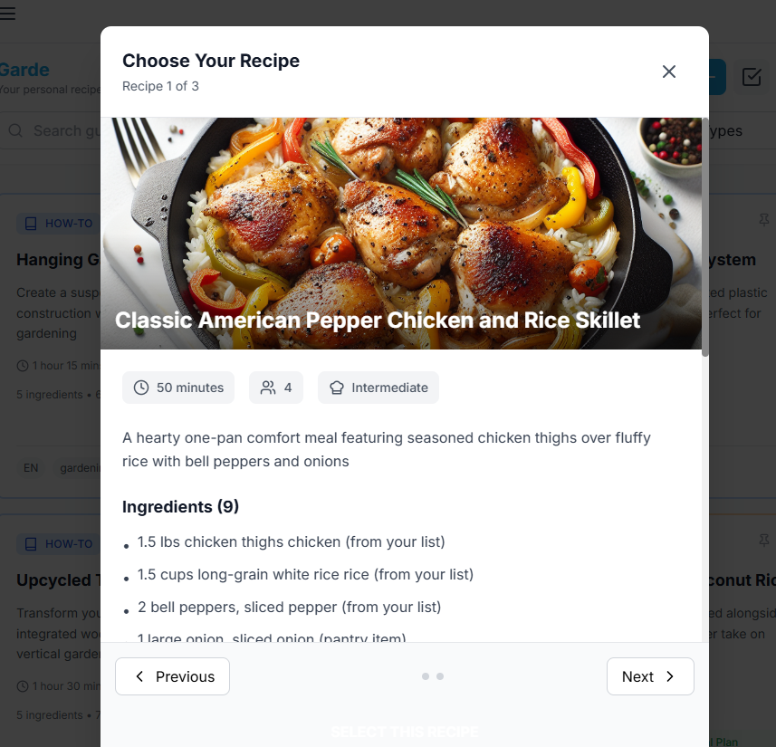 1/3 of recommended recipe on Garde recipe app