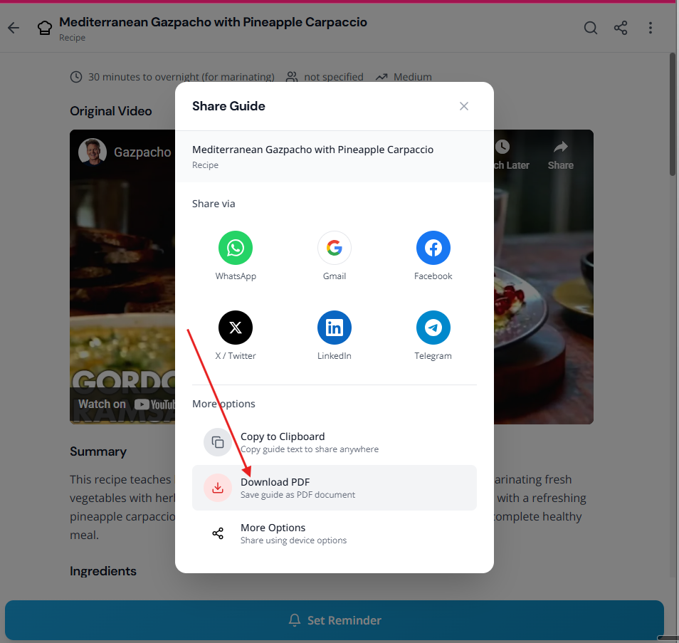 Export to PDF from Garde recipe app